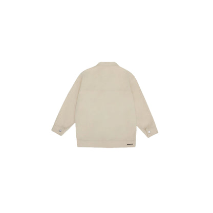 Full back view of the khaki denim jacket showing the clean, structured silhouette.