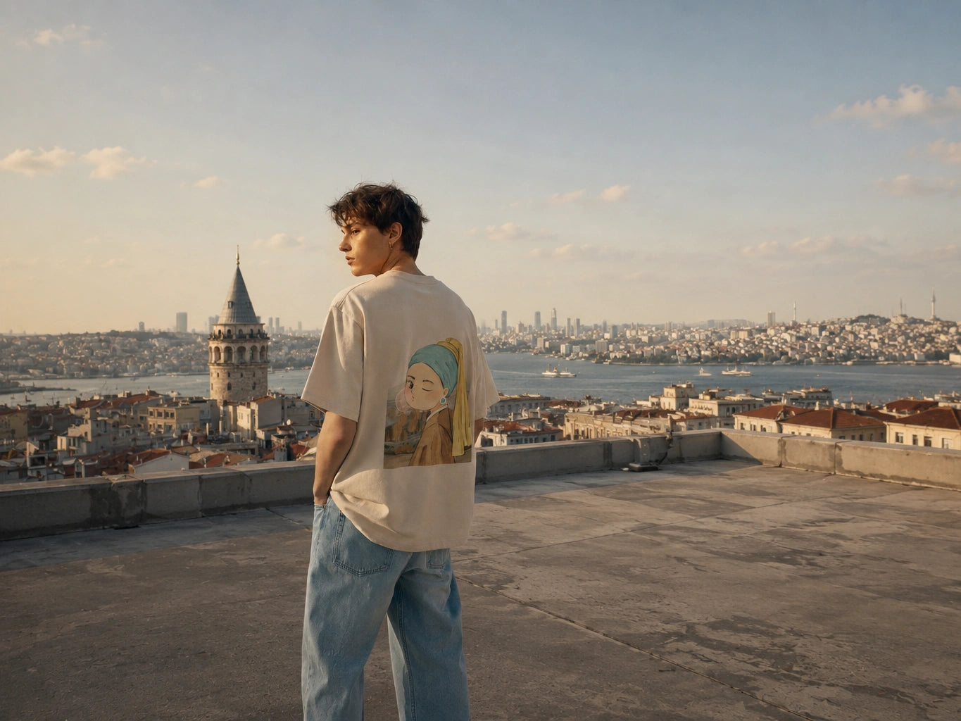 OGender oversized khaki graphic t-shirt featuring pearl earring inspired artwork in an Istanbul rooftop summer fashion campaign