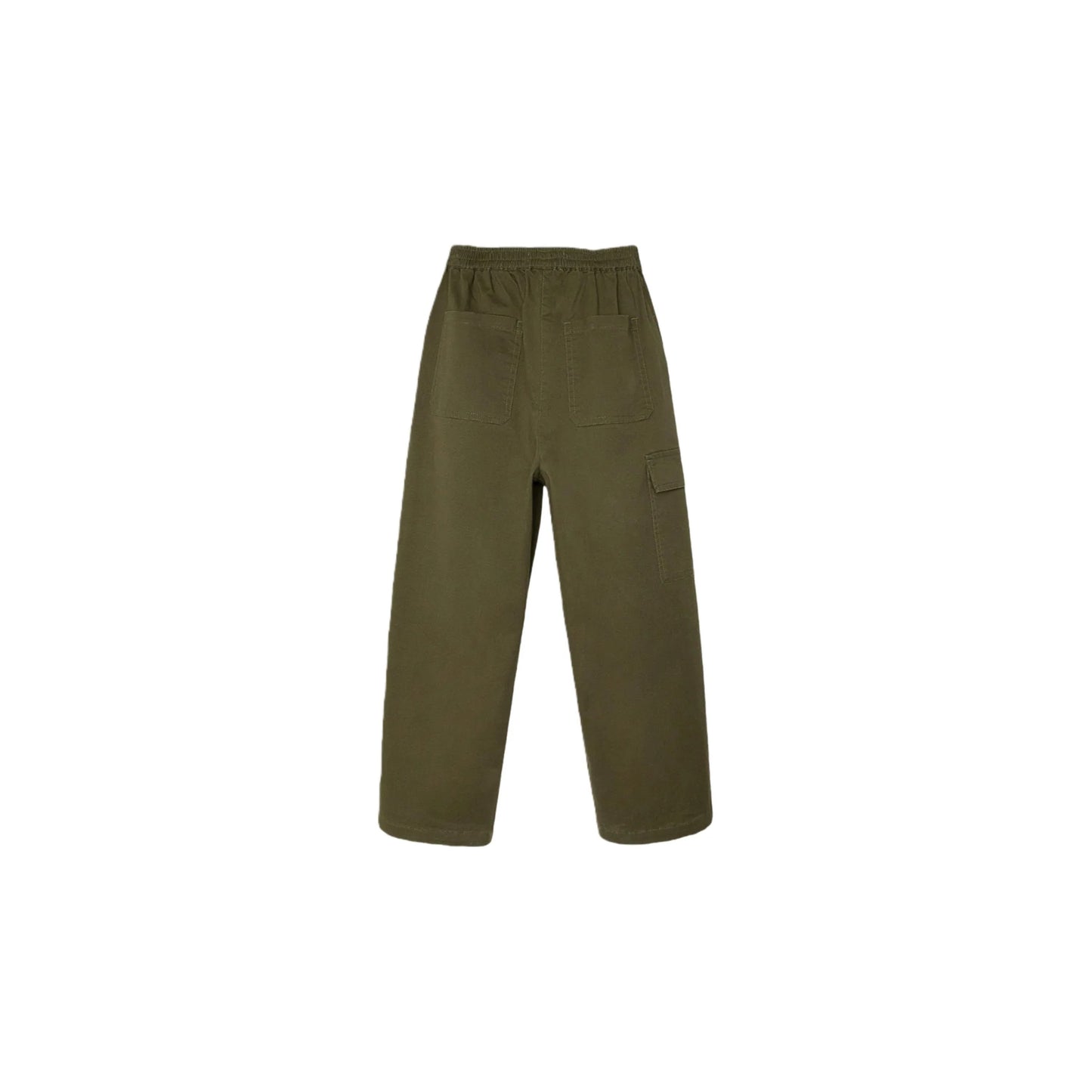Back view of kids Army Green straight-leg cargo pants, durable cotton stretch fabric.
