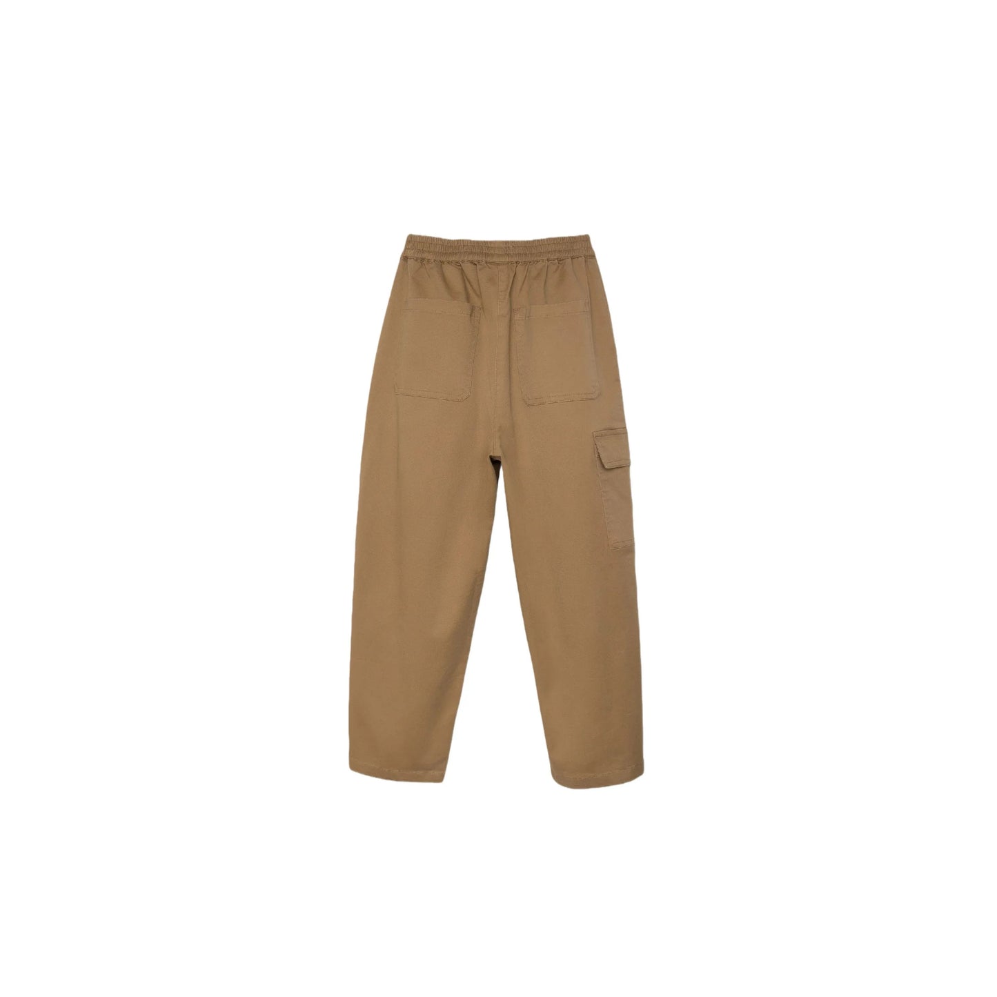 Back view of kids Earth Brown cargo pants featuring a comfortable elastic waistband.