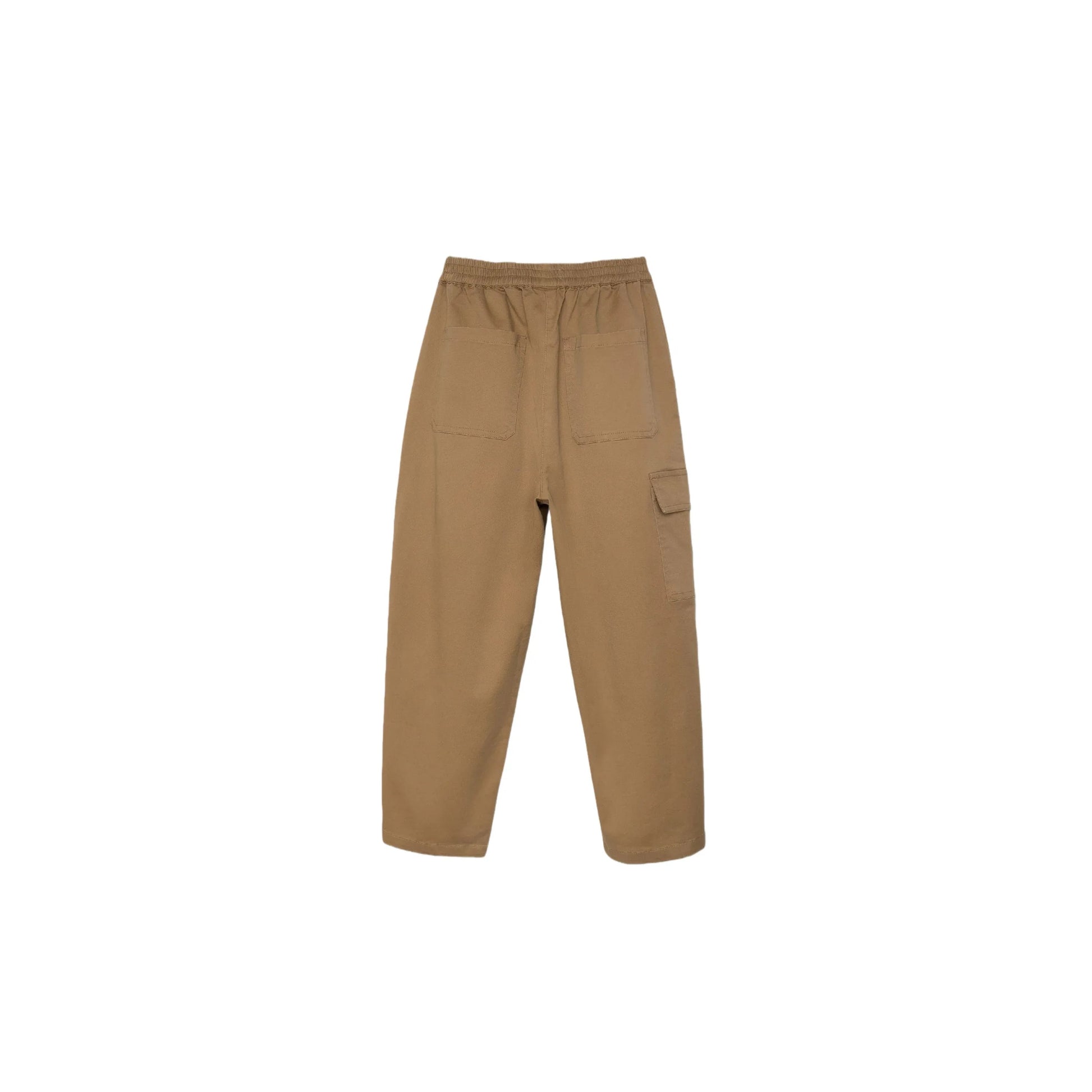 Back view of kids Earth Brown cargo pants featuring a comfortable elastic waistband.