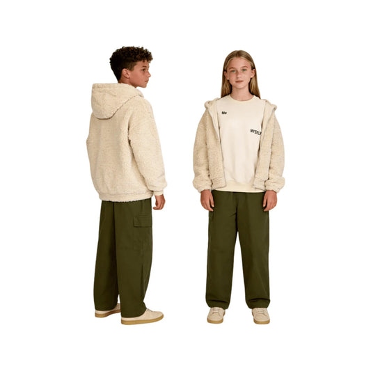 Boy and girl models wearing Ogender Army Green utility pants and cream hoodies.