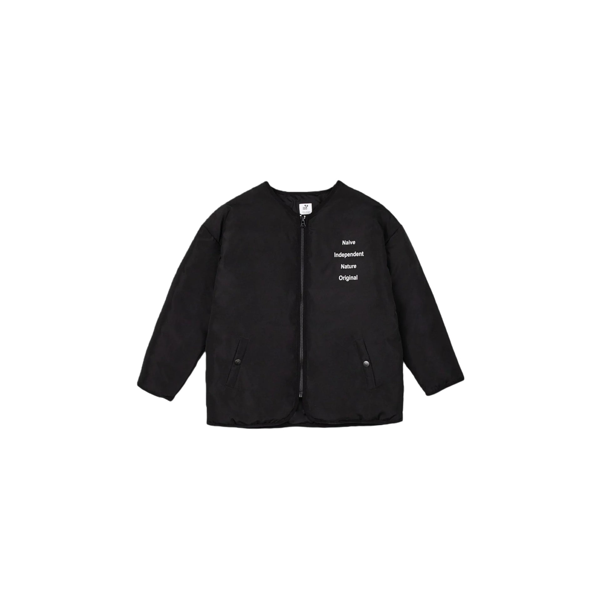 Front view of the kids' black oversized collarless padded jacket with chest typography.