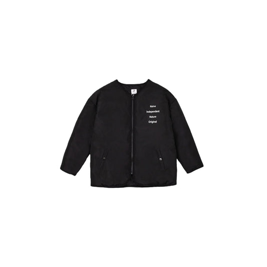 Front view of the kids' black oversized collarless padded jacket with chest typography.