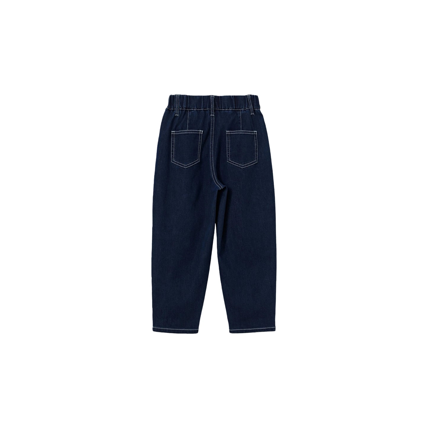 Back view of kids tapered dark blue jeans, showing clean pockets and relaxed fit.