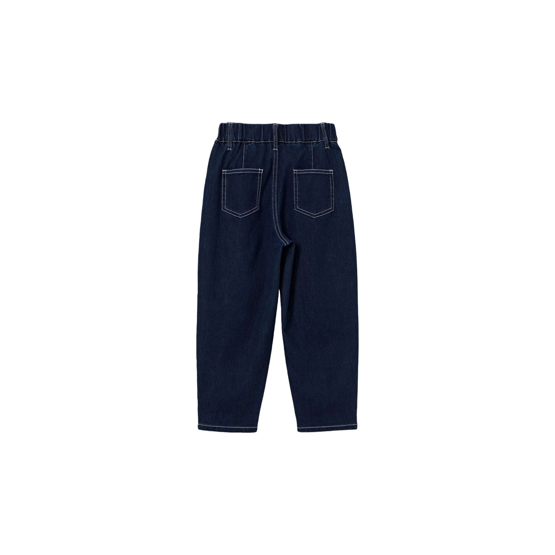 Back view of kids tapered dark blue jeans, showing clean pockets and relaxed fit.