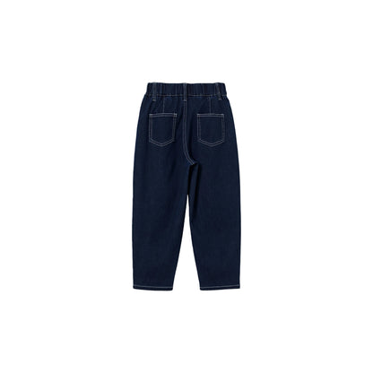 Back view of kids tapered dark blue jeans, showing clean pockets and relaxed fit.