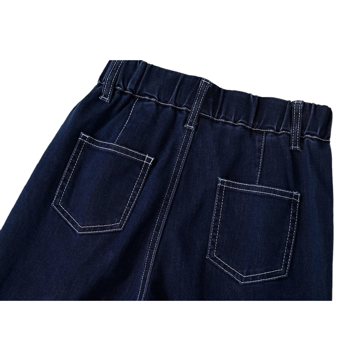 Detailed view of the rear patch pockets and elasticated waistband on Ogender indigo soft-touch denim.