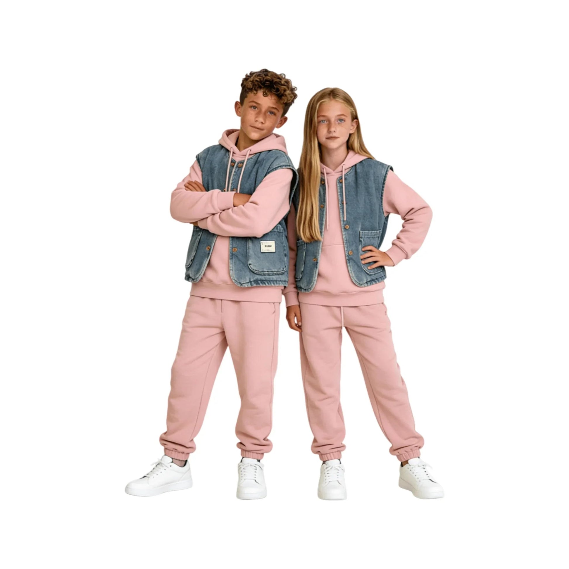 A boy and a girl styling the denim padded vests over pink tracksuits for a coordinated look.