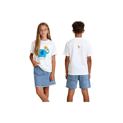 A girl and boy wearing the oversized elephant graphic tees, showcasing the relaxed gender-neutral fit and vibrant print.