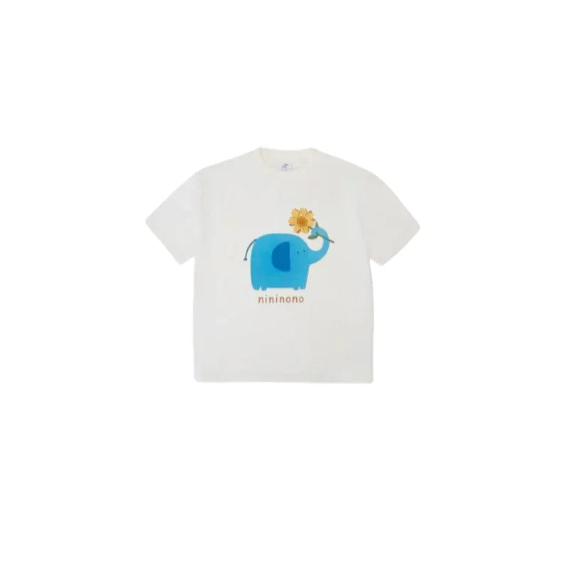 Kids white 230g heavyweight cotton oversized tee with blue elephant art print – ogender