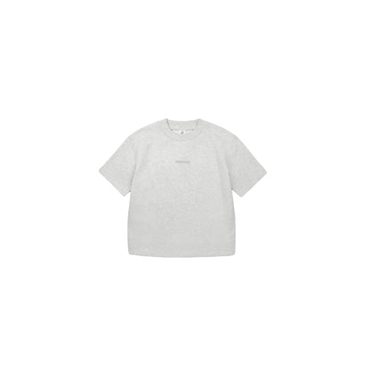 Front view flat lay of the 320 GSM light gray 100% cotton tee.