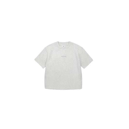 Front view flat lay of the 320 GSM light gray 100% cotton tee.