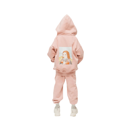 Back view of a girl modeling the pink joggers paired with a matching hoodie.