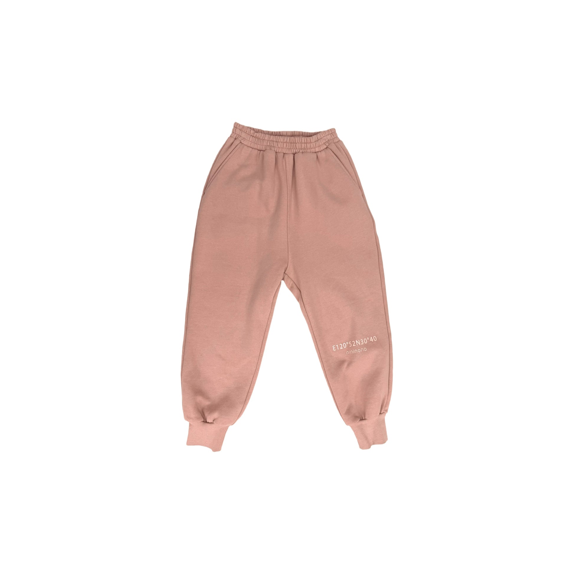 Front view flat lay of the muted pink fleece-lined joggers with 3D logo.