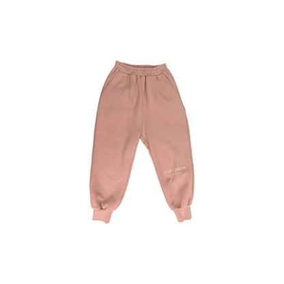 Front view flat lay of the muted pink fleece-lined joggers with 3D logo.