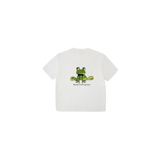 Back view flat lay of the frog tee showing the "Big fan of mosquitoes" graphic.