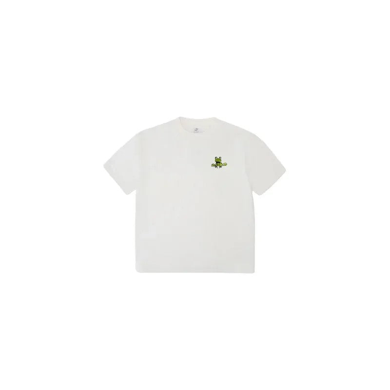 Front view flat lay of the white heavyweight cotton frog graphic t-shirt.