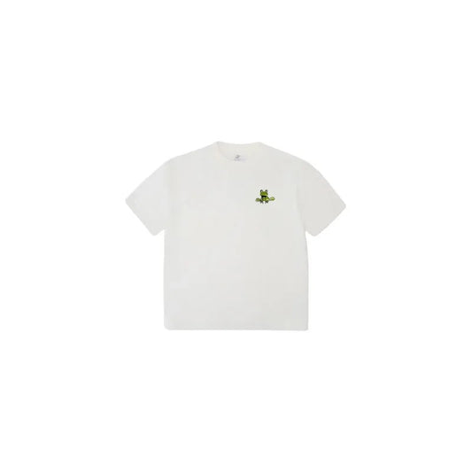 Front view flat lay of the white heavyweight cotton frog graphic t-shirt.
