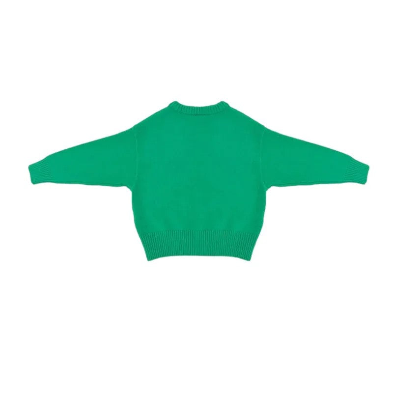 Back view of the minimalist green knit cardigan for kids, showing the clean silhouette.