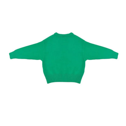 Back view of the minimalist green knit cardigan for kids, showing the clean silhouette.