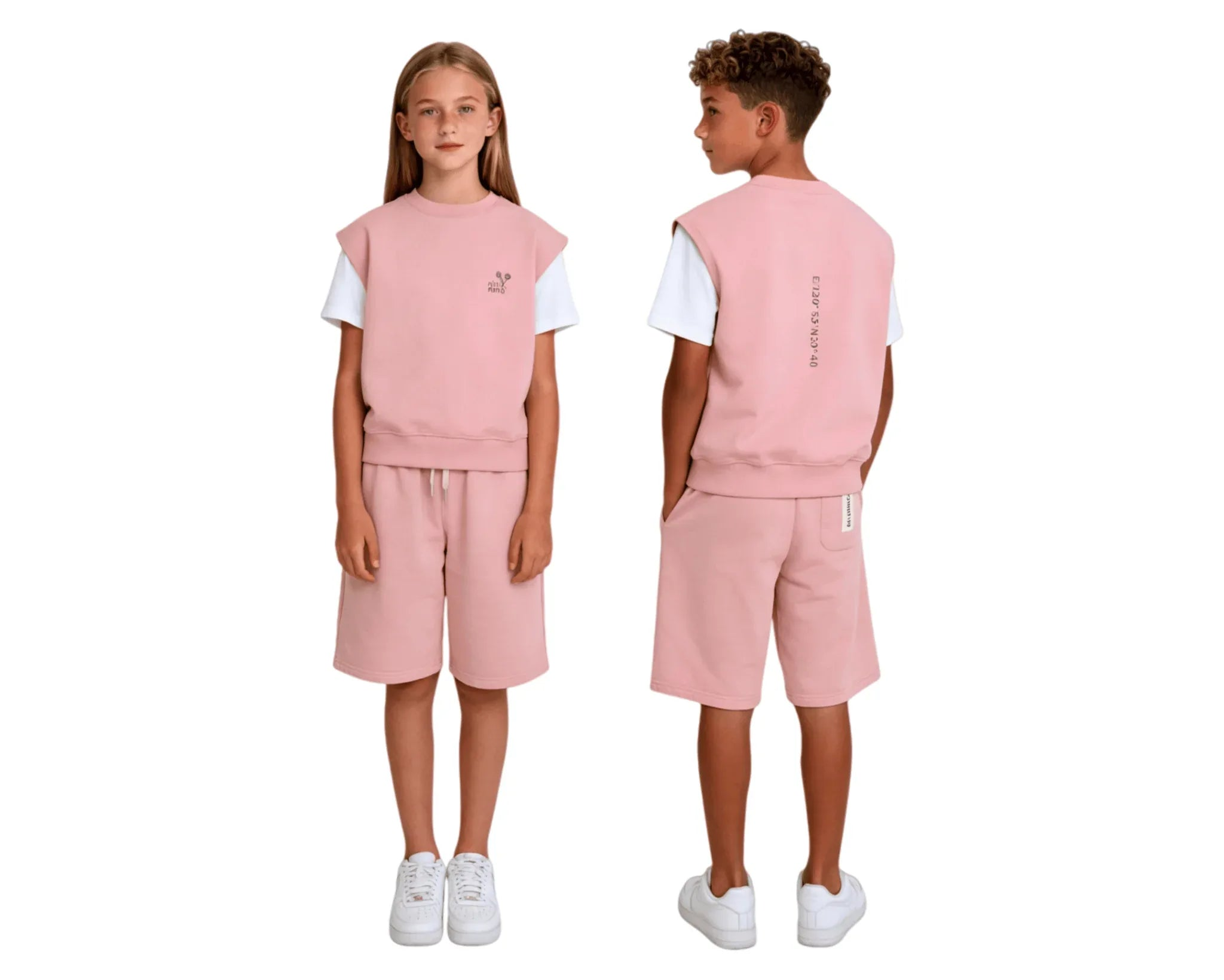 Two junior models wearing OGENDER 340g pink fleece vest and matching 230g sweatshorts, showcasing the ageless and gender-neutral youth collection.