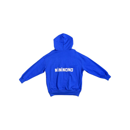 Back view flat lay of the Klein blue hoodie featuring the signature brand logo.