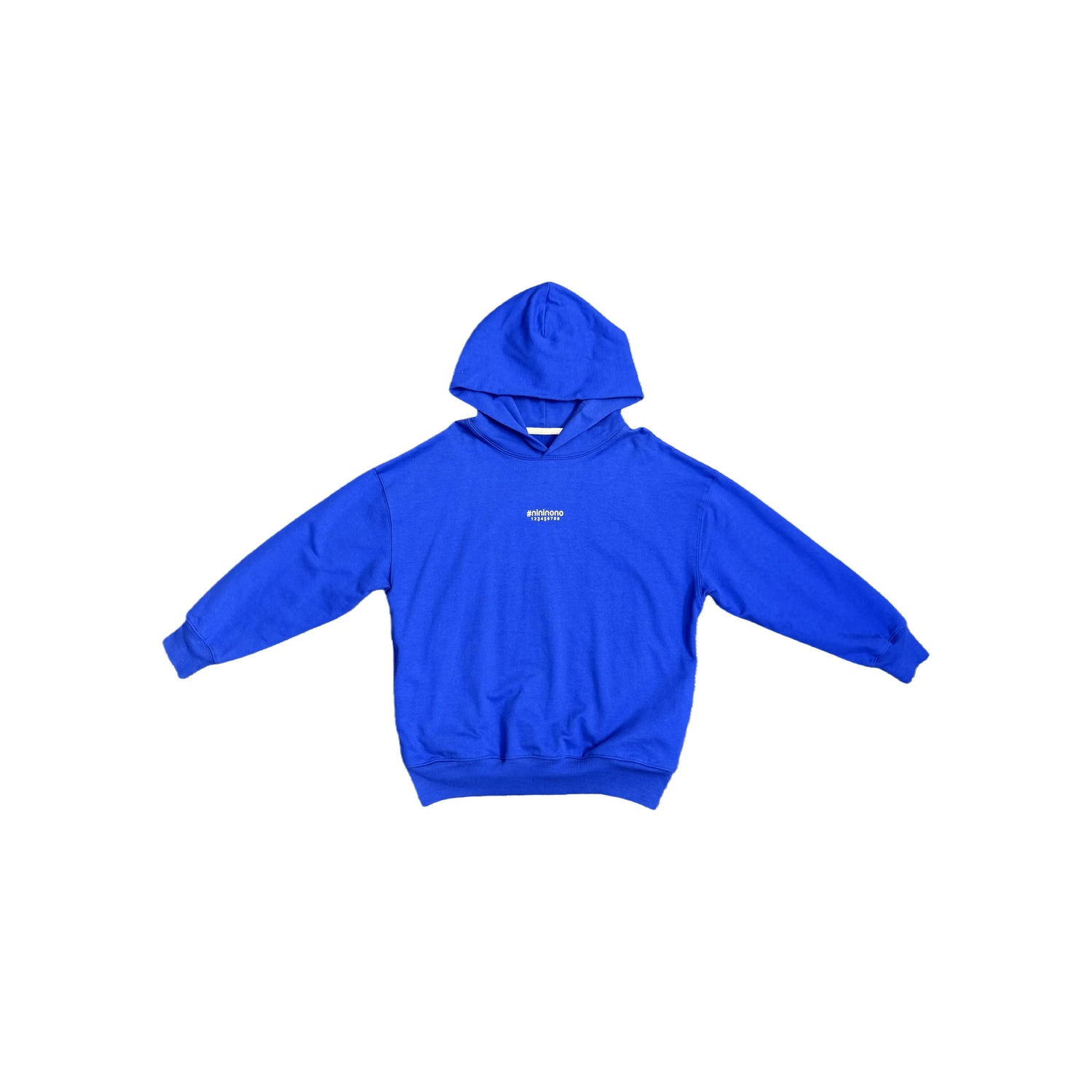 Front view flat lay of the vibrant Klein blue hooded sweatshirt with abstract print.