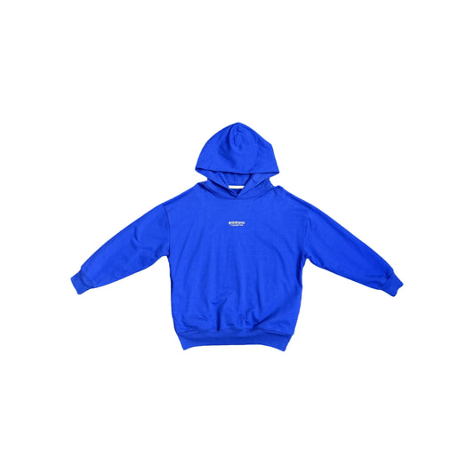 Front view flat lay of the vibrant Klein blue hooded sweatshirt with abstract print.