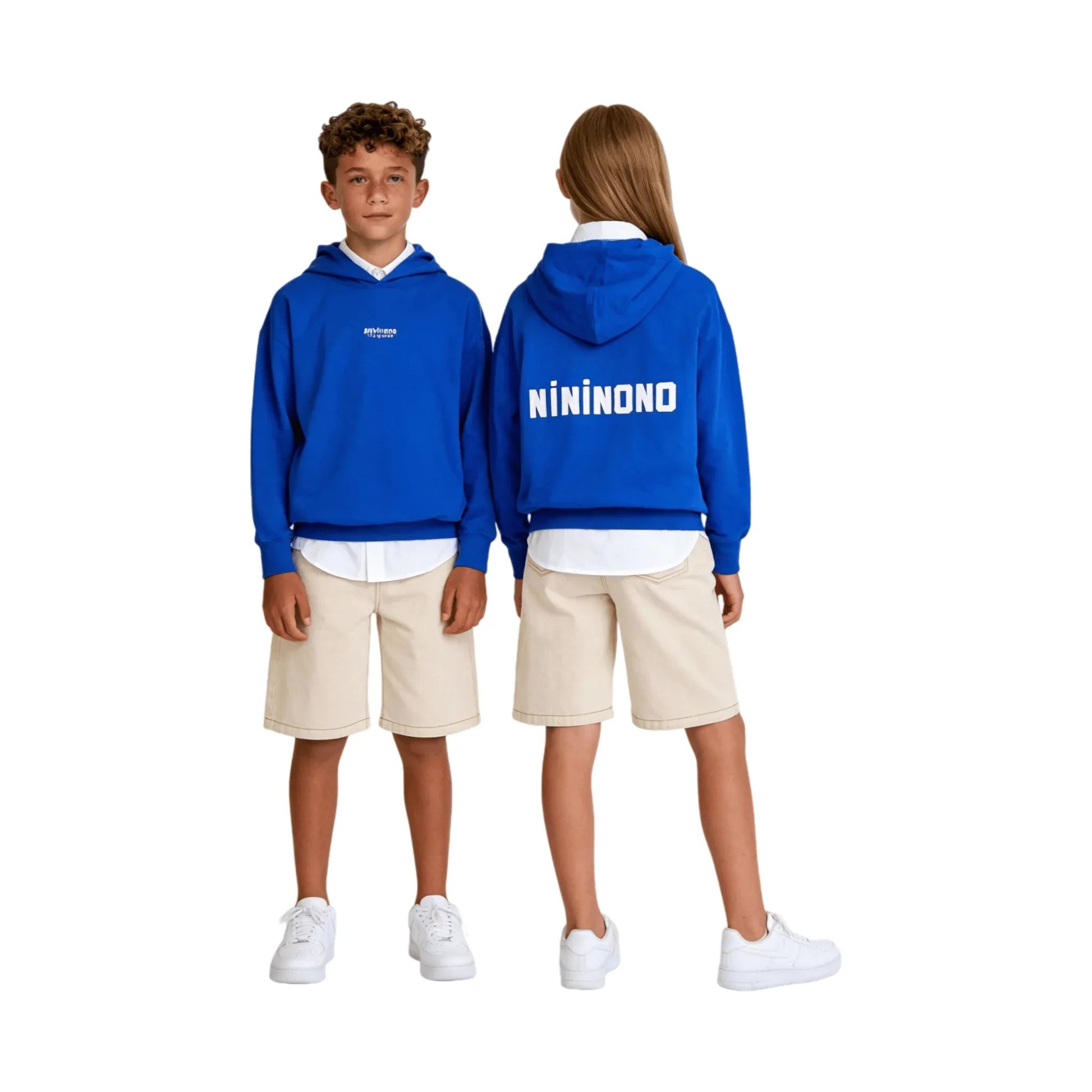 A boy and girl modeling the oversized Klein blue hoodie, showing the back and front view.
