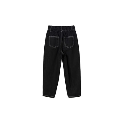 Back view of kids carrot fit jeans, showing the tapered silhouette and back pockets