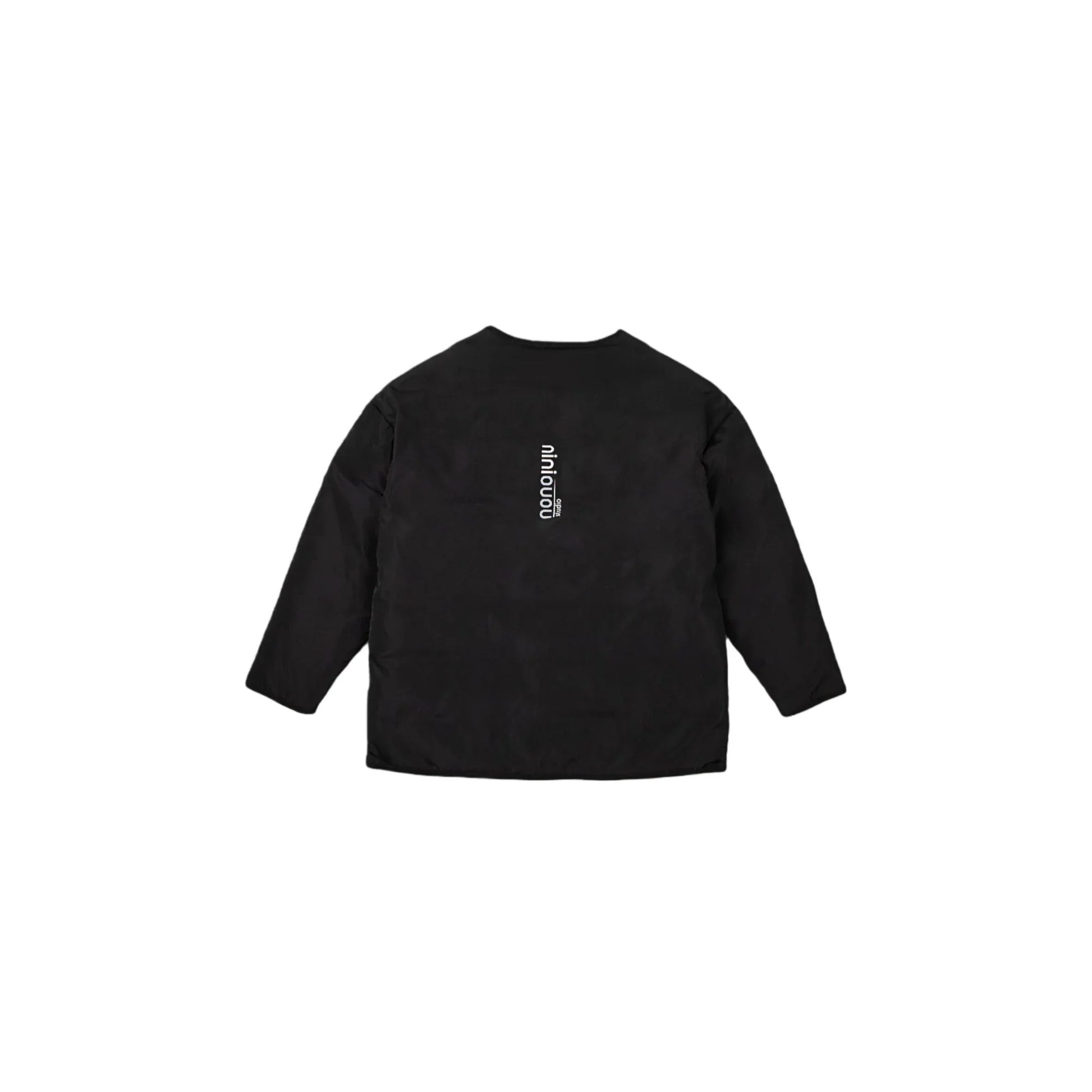 Full back view of the black jacket showing the vertical "nininono" typography.