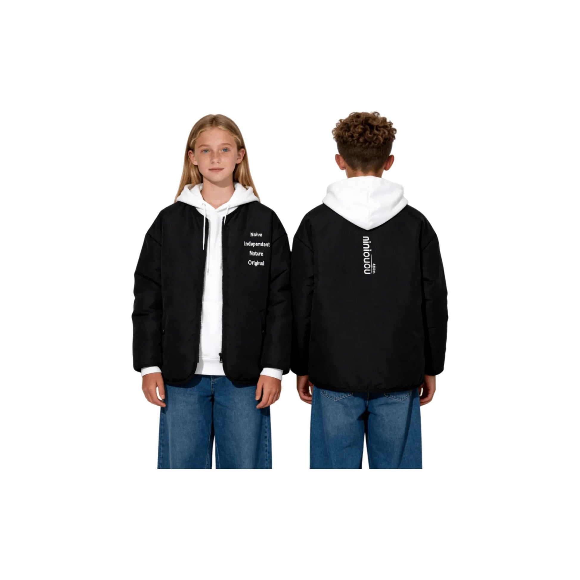 Male and female child models styling the black padded jackets over white hoodies.