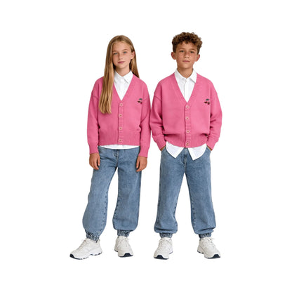 Boy and girl models wearing Ogender pink cherry cardigans with casual streetwear.