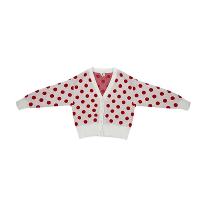 Front view of Ogender kids white knit cardigan with bold red polka dots.
