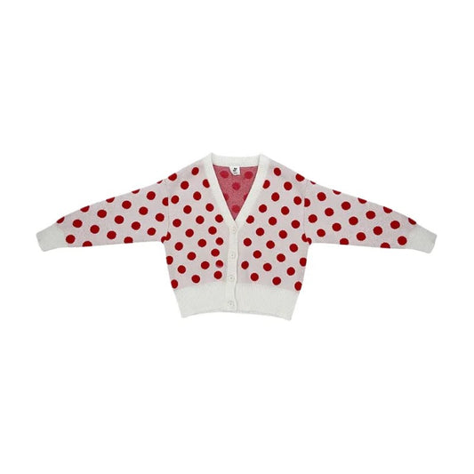 Front view of Ogender kids white knit cardigan with bold red polka dots.