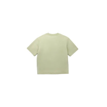 Back view flat lay of the boxy fit avocado green t-shirt.