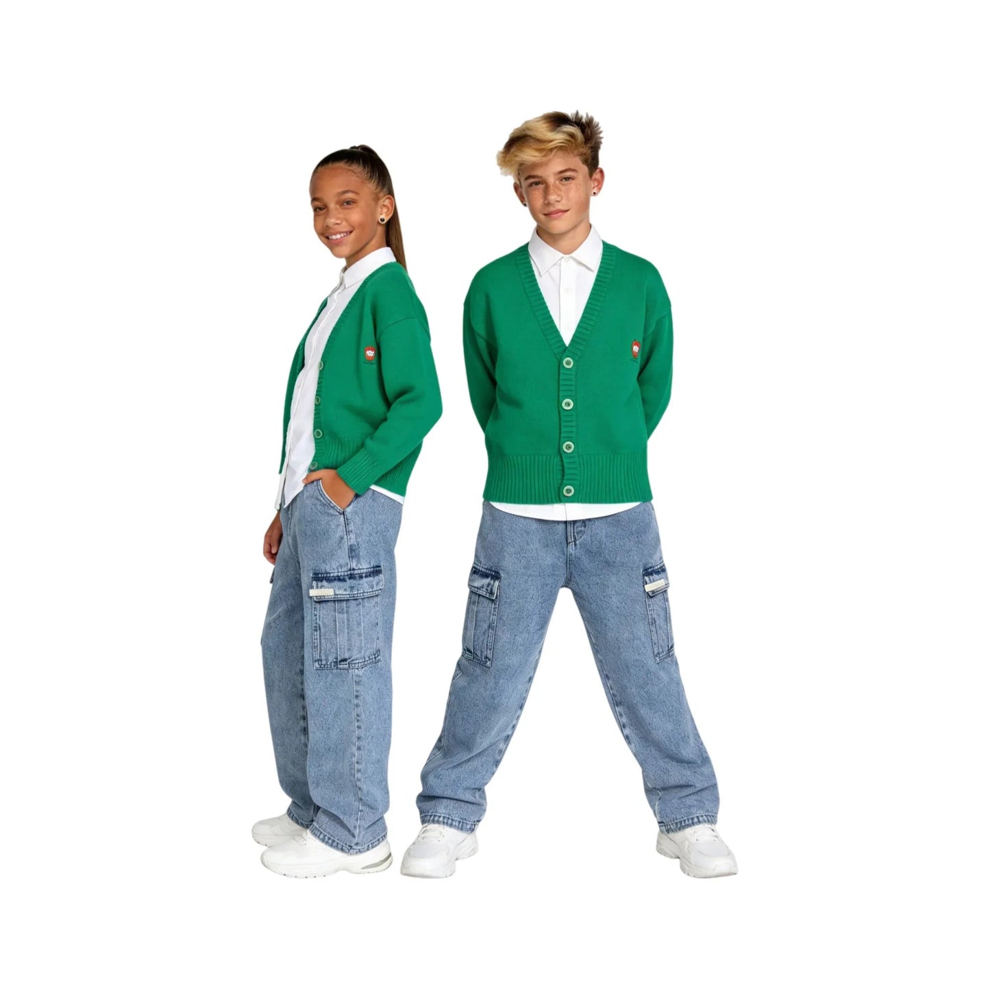 Boy and girl models wearing  Ogender  green preppy cardigans with light wash denim jeans.