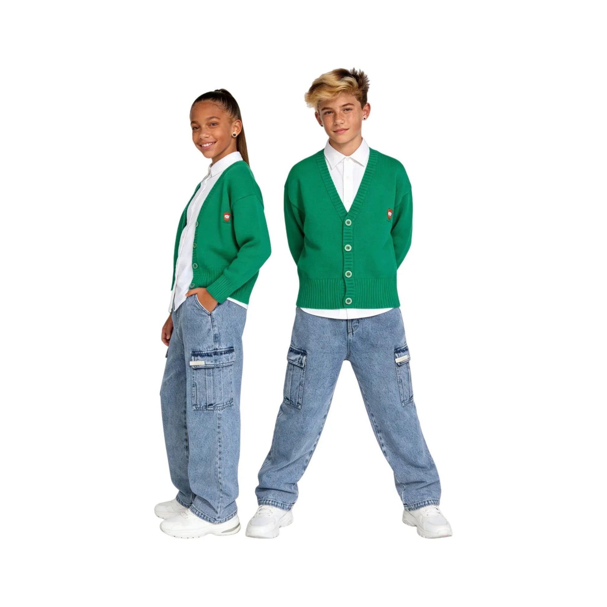 Boy and girl models wearing  Ogender  green preppy cardigans with light wash denim jeans.