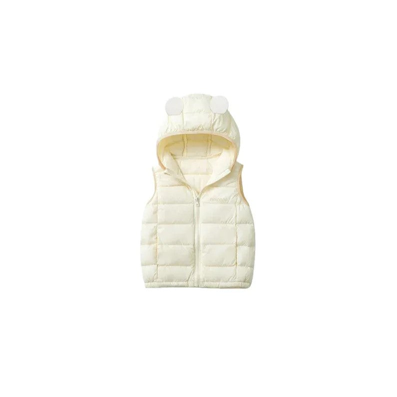 Front view flat lay of the cream-colored hooded quilted vest for kids.