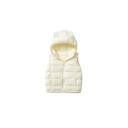 Front view flat lay of the cream-colored hooded quilted vest for kids.