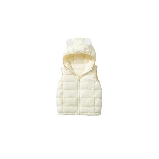Front view flat lay of the cream-colored hooded quilted vest for kids.
