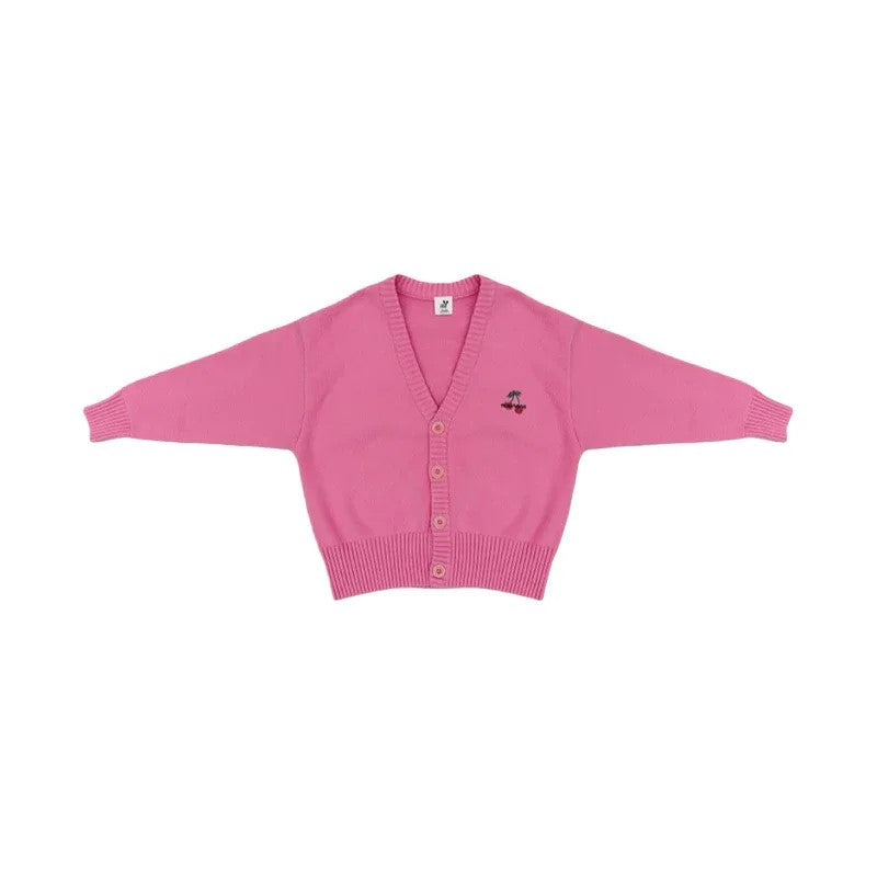 Front view of Ogender kids soft pink knit cardigan with red cherry embroidery.