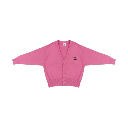 Front view of Ogender kids soft pink knit cardigan with red cherry embroidery.
