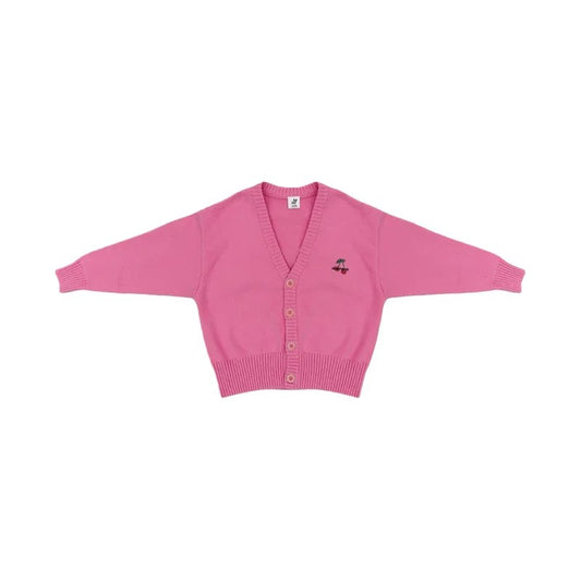 Front view of Ogender kids soft pink knit cardigan with red cherry embroidery.