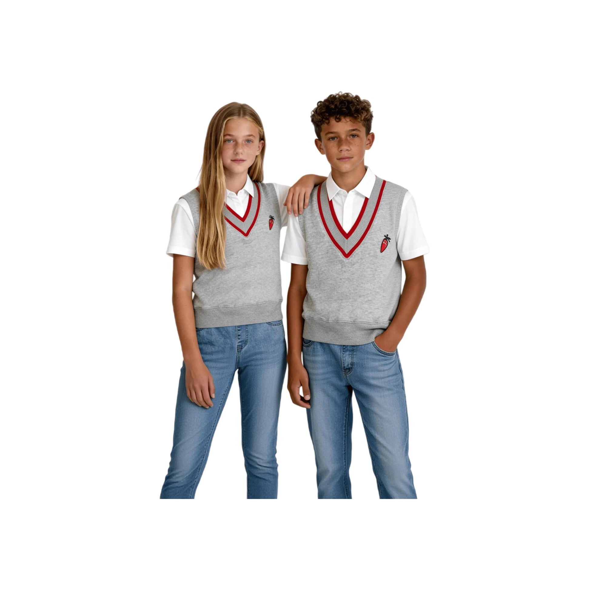 child models styling the grey V-neck vests over white short-sleeved shirts and denim jeans.