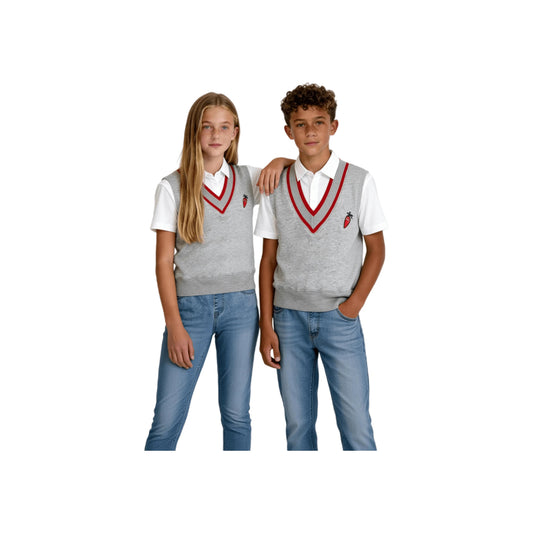 child models styling the grey V-neck vests over white short-sleeved shirts and denim jeans.
