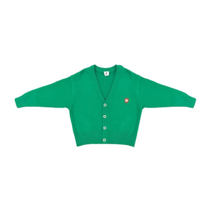 Front view of Ogender kids vibrant green knit cardigan featuring red pepper embroidery.