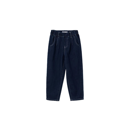 Front view of Ogender kids vintage dark blue carrot fit jeans with white stitching.