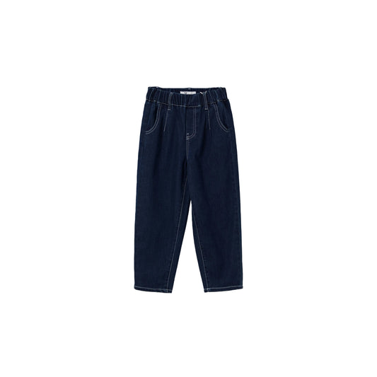 Front view of Ogender kids vintage dark blue carrot fit jeans with white stitching.
